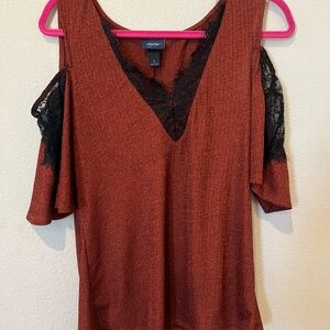 Soprano Brown Red Relaxed Cut Out Blouse